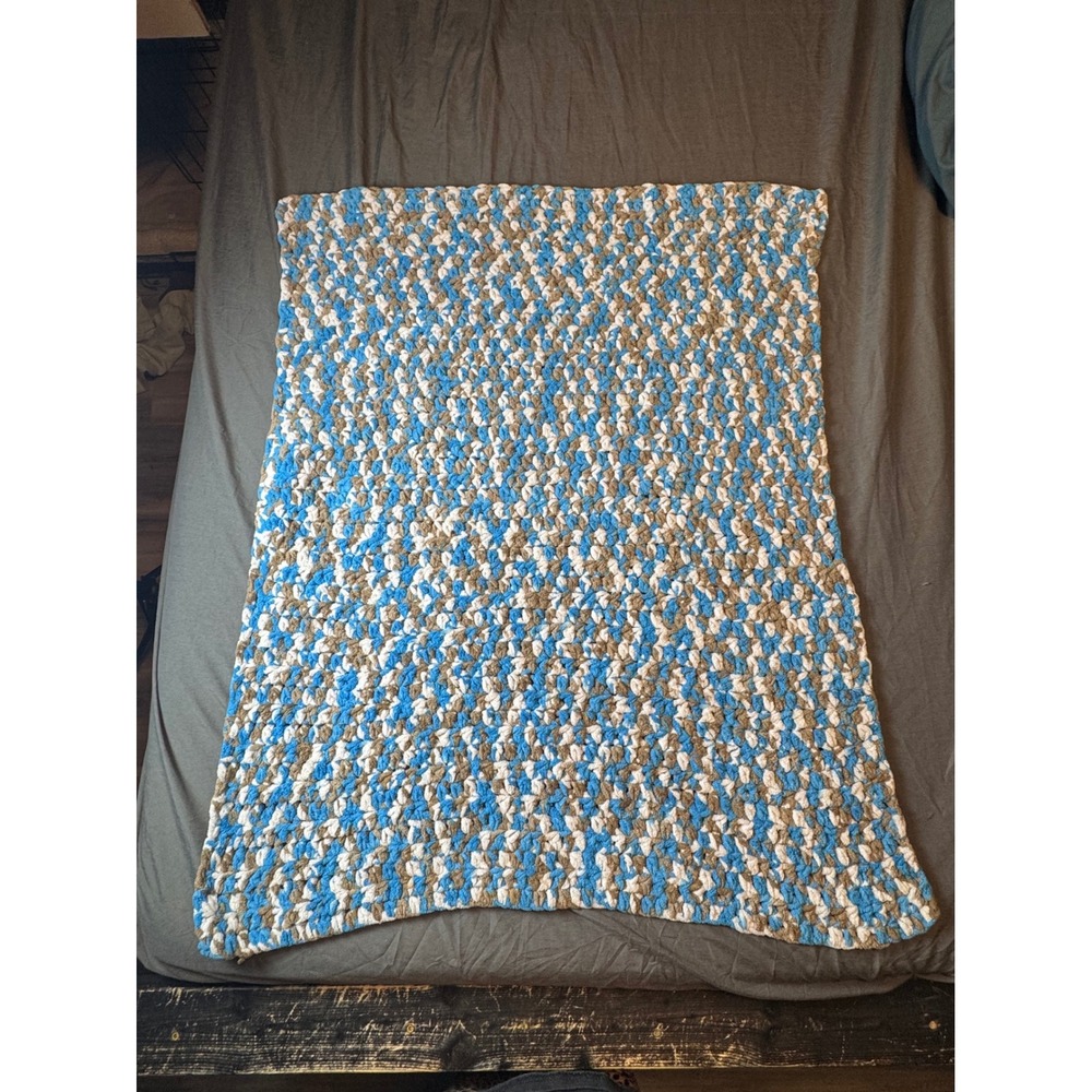 Handmade Crochet Baby Blanket Blue White Brown Soft Cozy Warm Toddler Throw‎